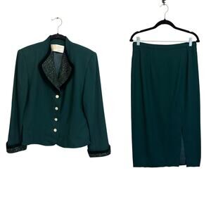 Rickie Freeman Wool Skirt Suit 12 Green Office Career Professional Business Work